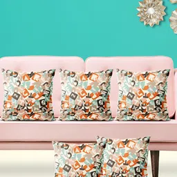 ArtzFolio Cream & Orange 5 Pieces Printed Velvet Square Cushion Covers-image-81