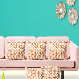 ArtzFolio White & Orange 5 Pieces Printed Velvet Square Cushion Covers-12