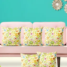 ArtzFolio Cream 5 Pieces Floral Printed Velvet Square Cushion Covers-image-88