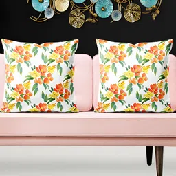 ArtzFolio White & Orange 5 Pieces Floral Printed Velvet Square Cushion Covers-image-21