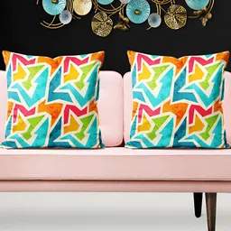 ArtzFolio Blue & Orange 5 Pieces Geometric Printed Velvet Square Cushion Covers-image-87