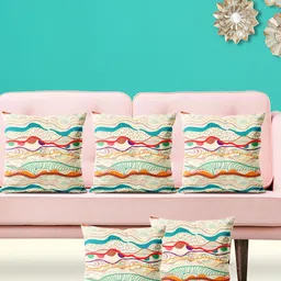 ArtzFolio Beige and Blue 5 Pieces Printed Velvet Square Cushion Covers-image-4