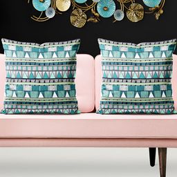 ArtzFolio Blue & White 5 Pieces Geometric Printed Velvet Square Cushion Covers-image-81