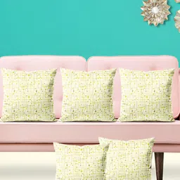 ArtzFolio Off White & Green 5 Pieces Geometric Printed Velvet Square Cushion Covers-9