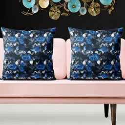 ArtzFolio Black & Blue 5 Pieces Floral Printed Velvet Square Cushion Covers-image-106