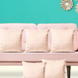 ArtzFolio Peach & White 5 Pieces Polk Dots Printed Velvet Square Cushion Covers-0