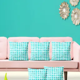 ArtzFolio Blue White 5 Pieces Checked Velvet Square Cushion Covers-18