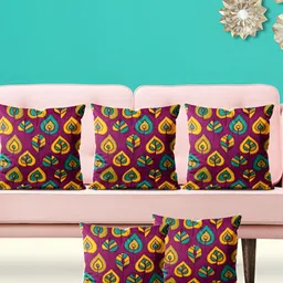 ArtzFolio Purple & Yellow 5 Pieces Ethnic Motifs Printed Velvet Square Cushion Covers-image-67