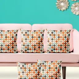 ArtzFolio Cream 5 Pieces Geometric Printed Velvet Square Cushion Covers-image-53