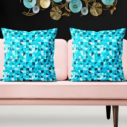 ArtzFolio Blue 5 Pieces Geometric Printed Velvet Square Cushion Covers-17