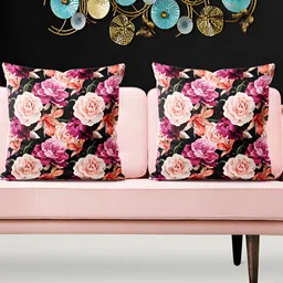 ArtzFolio Black & Pink 5 Pieces Floral Printed Velvet Square Cushion Covers-image-23