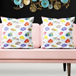 ArtzFolio White & Blue 5 Pieces Fish Printed Velvet Square Cushion Covers-11