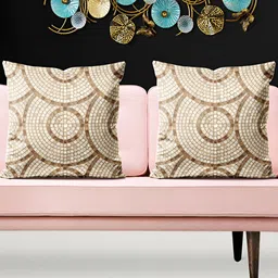 ArtzFolio Beige & Brown 5 Pieces Geometric Printed Velvet Square Cushion Covers-image-95