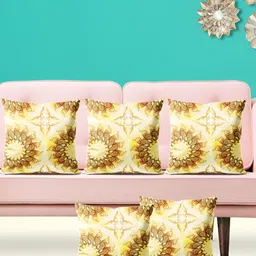 ArtzFolio Yellow and Beige 5 Pieces Floral Printed Velvet Square Cushion Covers-image-34