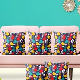 ArtzFolio Navy Blue & Red 5 Pieces Floral Printed Velvet Square Cushion Covers-image-8