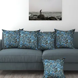 BIGGER FISH Blue 5 Pieces Printed Velvet Square Cushion Covers-image-99