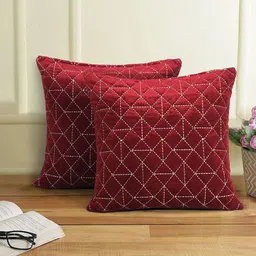 eyda Maroon & White 2 Pcs Embroidered Velvet Square Cushion Covers-11