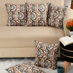 BIGGER FISH Brown & White 5 Pieces Ethnic Motifs Velvet Square Cushion Covers-18