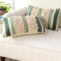 Art Avenue Beige & Green Self Design Cotton Square Cushion Cover-43
