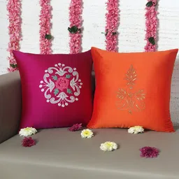 ZEBA Magenta & Orange 2-Pieces Embroidered Square Cushion Covers-image-2