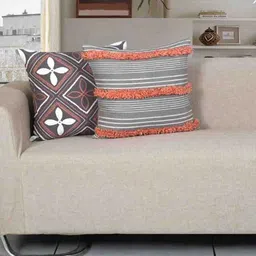 Ode & Cleo Grey & Orange 2 Pieces Embroidered Square Cushion Covers-34