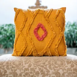 ABSTRACT INDIA Yellow Pink Tufted Geometric Cotton Square Cushion Cover-image-30