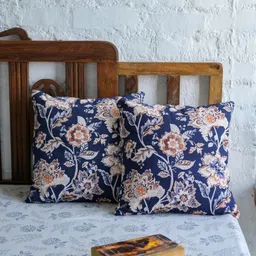 ABSTRACT INDIA Blue & Brown Floral Printed Cotton Square Cushion Cover-image-57