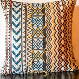 ABSTRACT INDIA Beige Blue Geometric Hand Block Printed Cotton Square Cushion Cover-5
