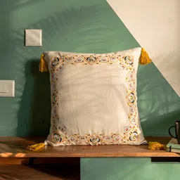 ABSTRACT INDIA Beige Cotton Floral Embroidery Square Cushion Covers-44