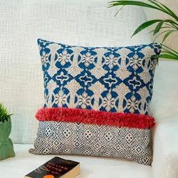 ABSTRACT INDIA Blue Cotton Square Cushion Cover-image-90