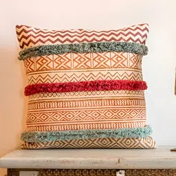 ABSTRACT INDIA Beige Brown Geometric Hand Block Printed Cotton Square Cushion Cover-8