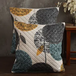 Soumya Beige & Grey 2 Pieces Floral Printed Quilted Square Velvet Cushion Covers-12