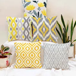 STITCHNEST Yellow & Grey Set of 5 Geometric Square Cushion Covers-8