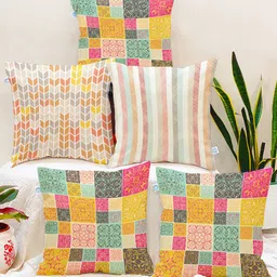 STITCHNEST Set of 5 Yellow & Pink Geometric Square Cushion Covers-20
