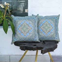 ABSTRACT INDIA Turquoise Blue & White Floral Cotton Square Cushion Covers-picture-36