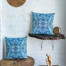 ABSTRACT INDIA Turquoise Blue & Peach Ethnic Motifs Cotton Square Cushion Cover-7