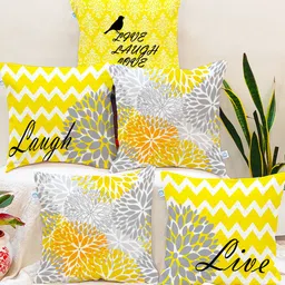 STITCHNEST Yellow & White Set of 5 Abstract Square Cushion Covers-19