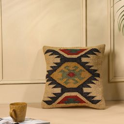 SANSKRUTIHOMES Cream-Coloured & Red Ethnic Motifs Jute Cotton Square Cushion Cover-image-38