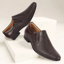 FAUSTO Men Brown Embossed Design Formal Leather Slip On Shoes-14