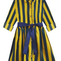 A T U N Mustard Yellow & Navy Blue Striped Shirt Dress-image-77