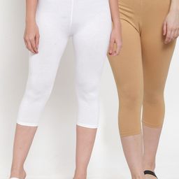 Jinfo Women Pack of 2 White & Beige Solid Capris-28