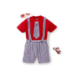 Knit N Knot Boys Striped T-shirt with Shorts with Suspender-image-42