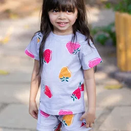 Nap Chief Girls Strawberry Printed Pure Cotton T-shirt with Shorts-image-17