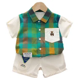 StyleCast Kids Green Checked Pure Cotton Shirt with Shorts-image-77