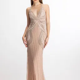 BHAWNA RAO Embellished Halter Neck Net Maxi Bodycon Dress-image-10