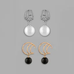 VOJ Set of 2 Gold Plated Artificial Beads Stainless Steel Drop Earrings-2