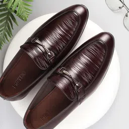 Metro Men Textured Round Toe Leather Formal Slip-On Shoes-image-98