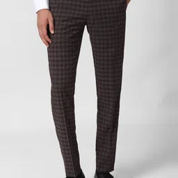 Peter England Elite Men Brown Checked Slim Fit Formal Trousers-image-70