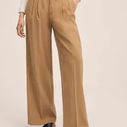 MANGO Women Brown Pleated Parallel Trousers-38