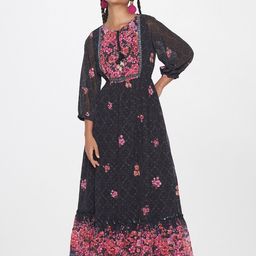 Global Desi Floral Printed Puff Sleeve Tie Up Maxi Dress-image-38